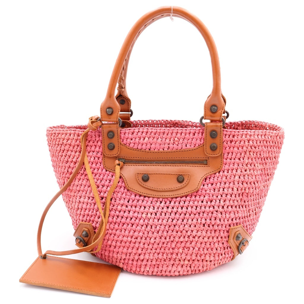 BALENCIAGA(バレンシアガ) カゴバッグ ハンドバッグ ピンク×ブラウン レザー×ラフィア 236741 ブラック金具 レディース