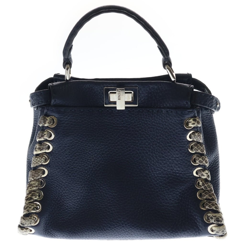 FENDI(フェンディ) ピーカブー ミニ セレリア ハンドバッグ ネイビー レザー×パイソン 8BN244 シルバー金具 レディース