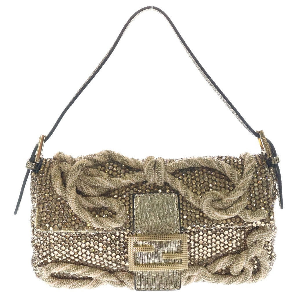 FENDI(フェンディ) マンマバケット FFロゴ ラインストーン ビジュー 装飾 ワンショルダーバッグ ゴールド金具 ベージュ 8BR000 レディース