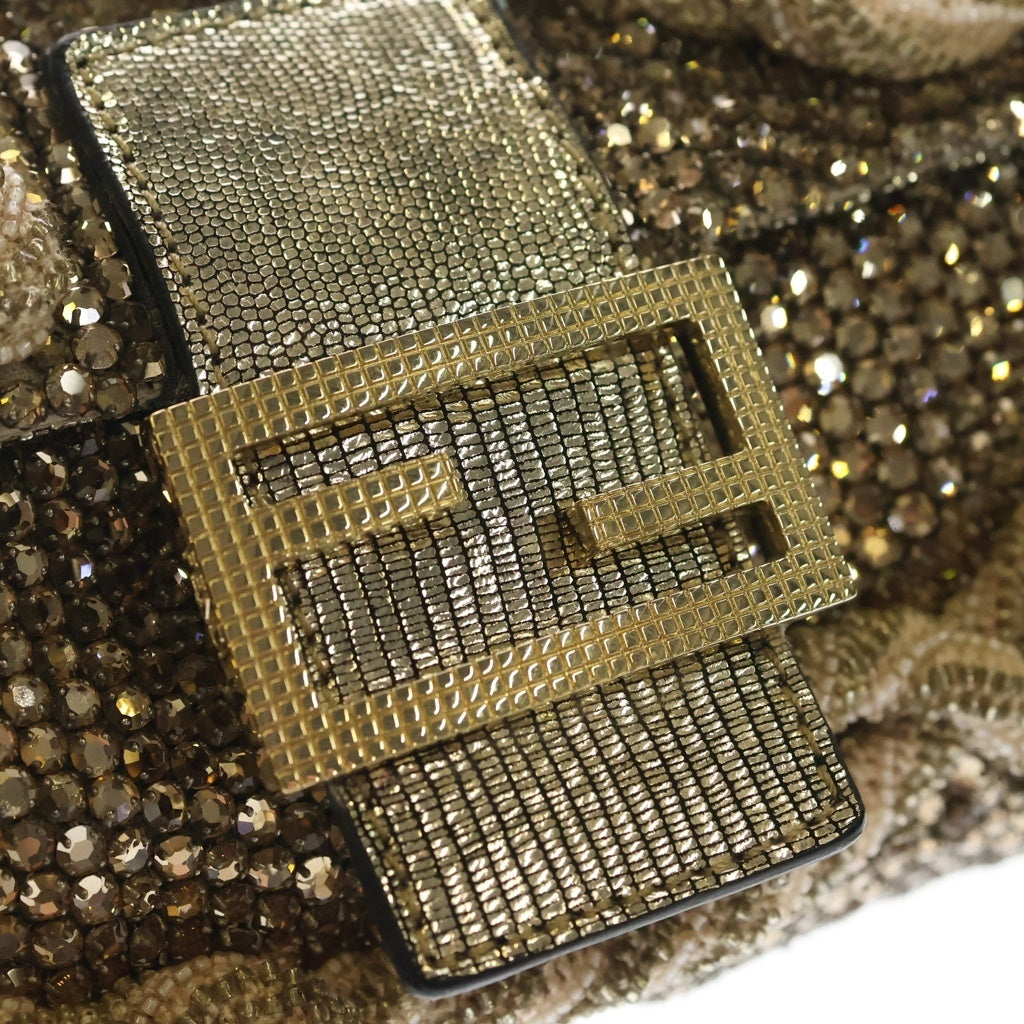 FENDI(フェンディ) マンマバケット FFロゴ ラインストーン ビジュー 装飾 ワンショルダーバッグ ゴールド金具 ベージュ 8BR000 レディース