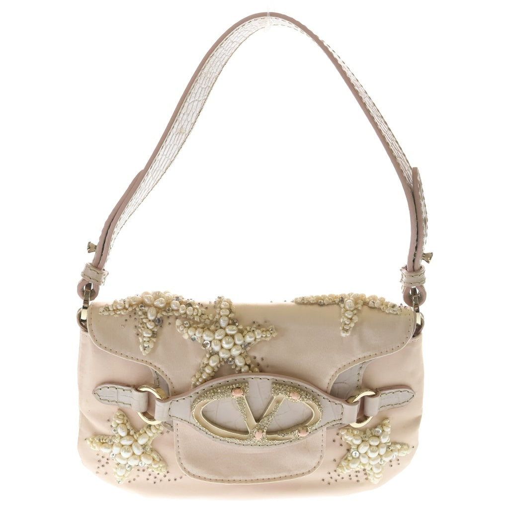 VALENTINO(ヴァレンティノ) パール ワンショルダーバッグ ベビーピンク サテン×型押しクロコ レザー ゴールド金具 レディース
