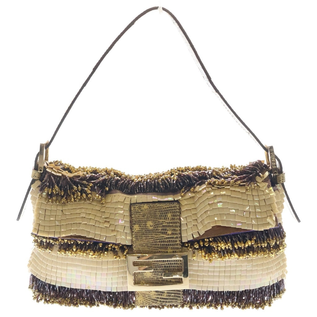 FENDI(フェンディ) マンマバケット ハンドバッグ ワンショルダーバッグ ベージュ スパンコール×パイソン 8BR000 ゴールド金具 レディース