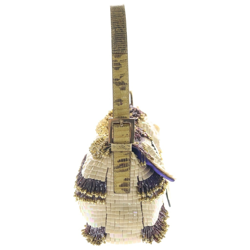 FENDI(フェンディ) マンマバケット ハンドバッグ ワンショルダーバッグ ベージュ スパンコール×パイソン 8BR000 ゴールド金具 レディース