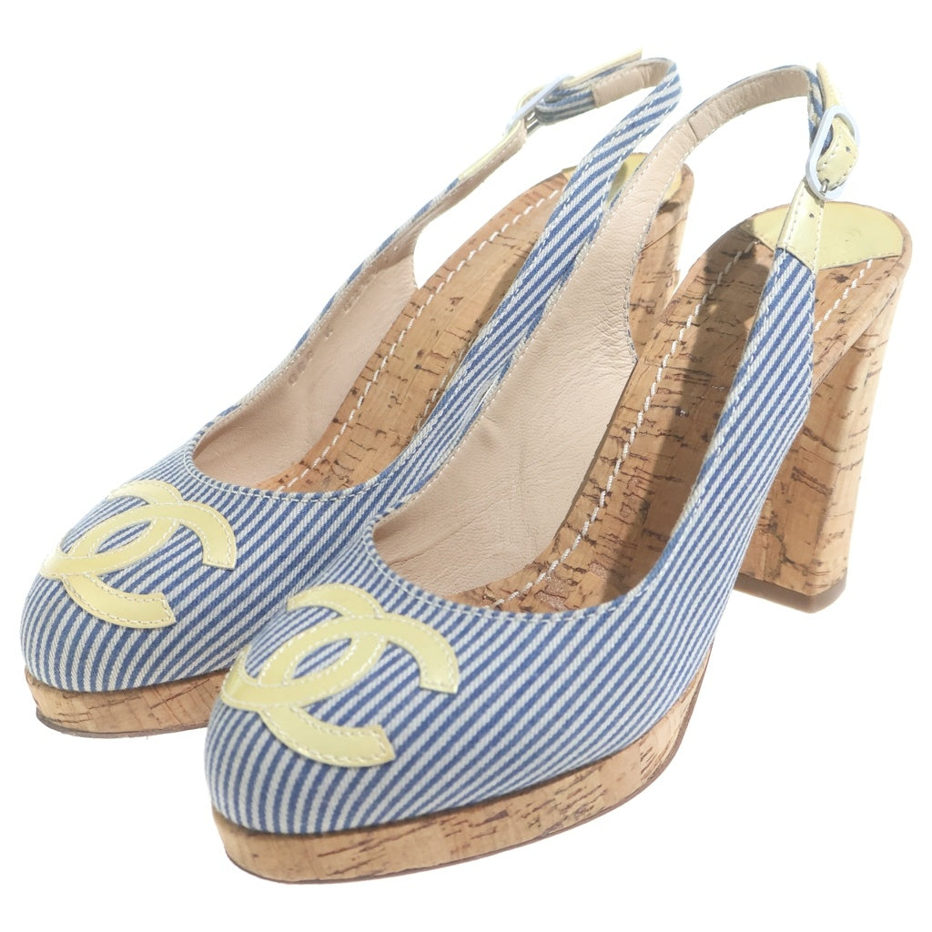 CHANEL(シャネル) ココマーク ウエッジソール ストライプヒールパンプス ブルー×ブラウン #36 1/2 レディース