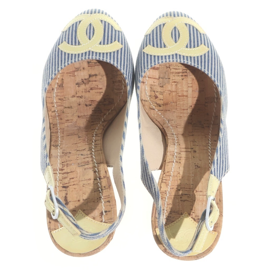 CHANEL(シャネル) ココマーク ウエッジソール ストライプヒールパンプス ブルー×ブラウン #36 1/2 レディース