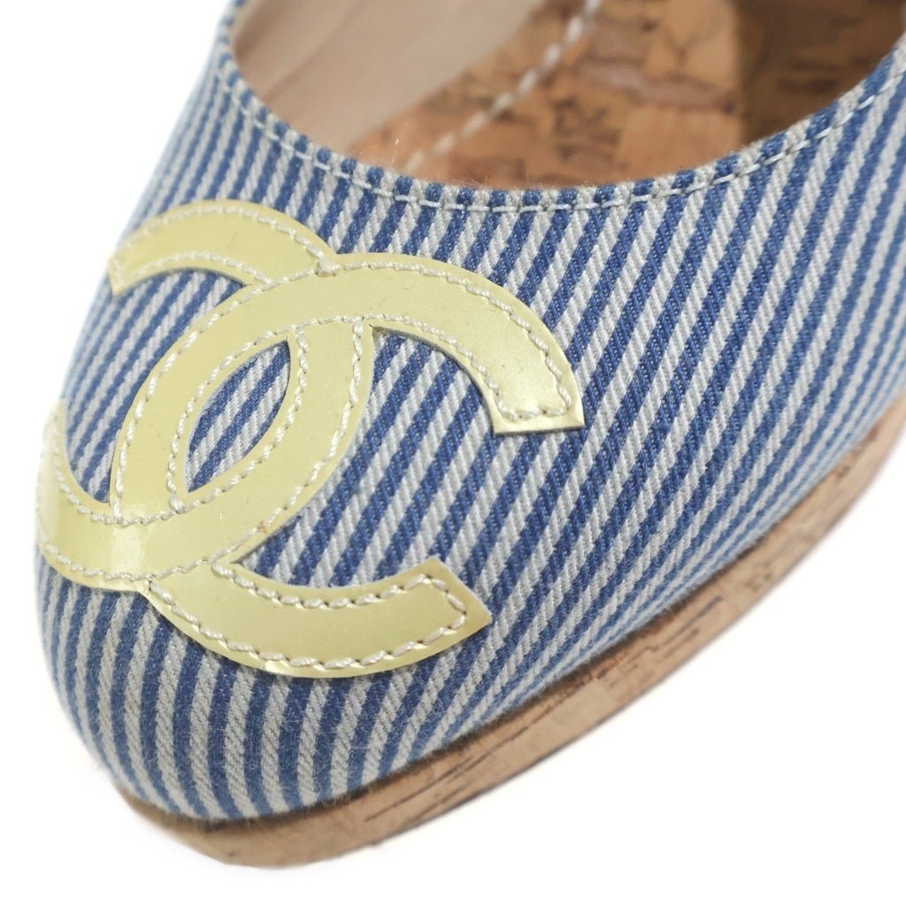 CHANEL(シャネル) ココマーク ウエッジソール ストライプヒールパンプス ブルー×ブラウン #36 1/2 レディース