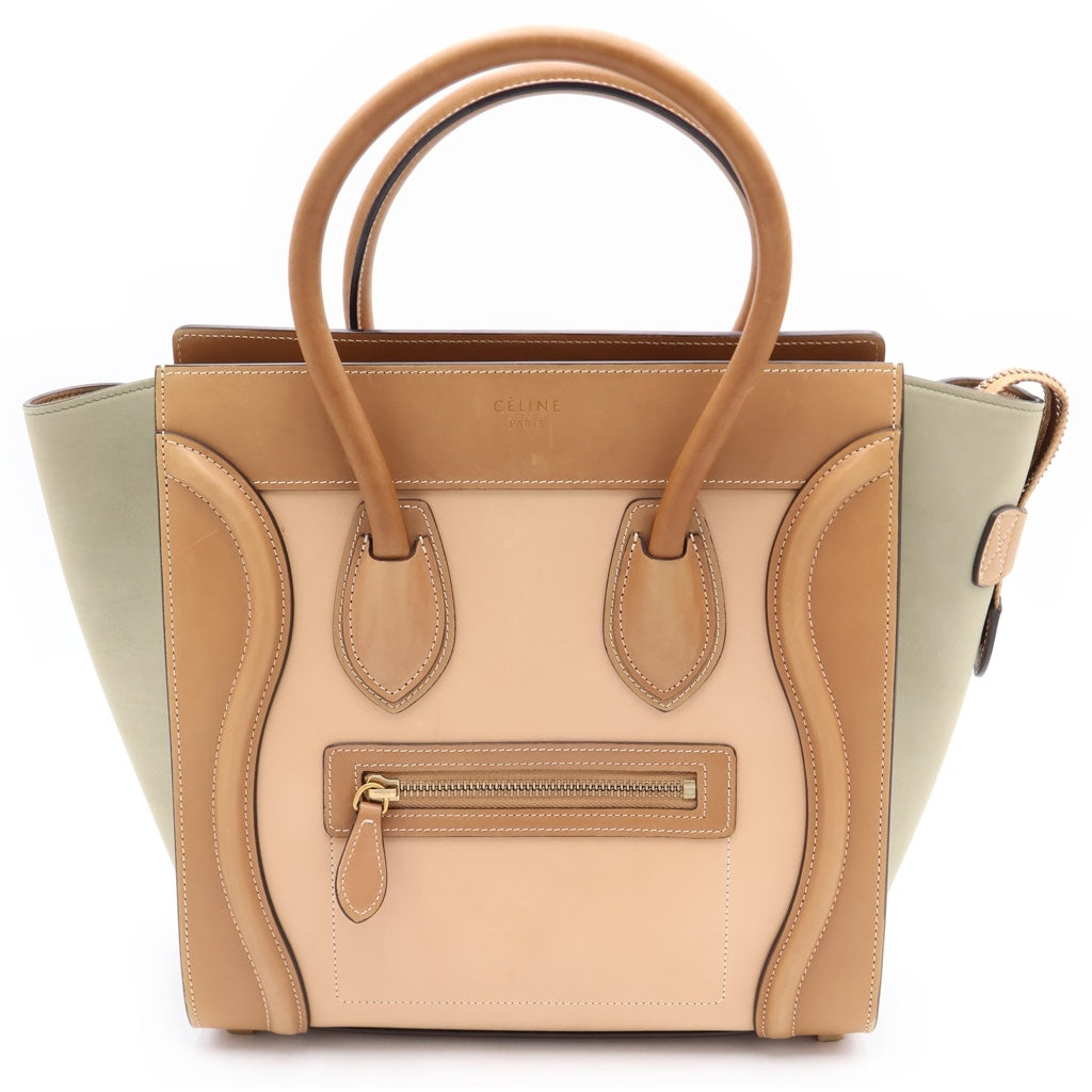 CELINE(セリーヌ) ラゲージ マイクロショッパー レザー スエード ハンドバッグ ベージュ/グリーン レディース