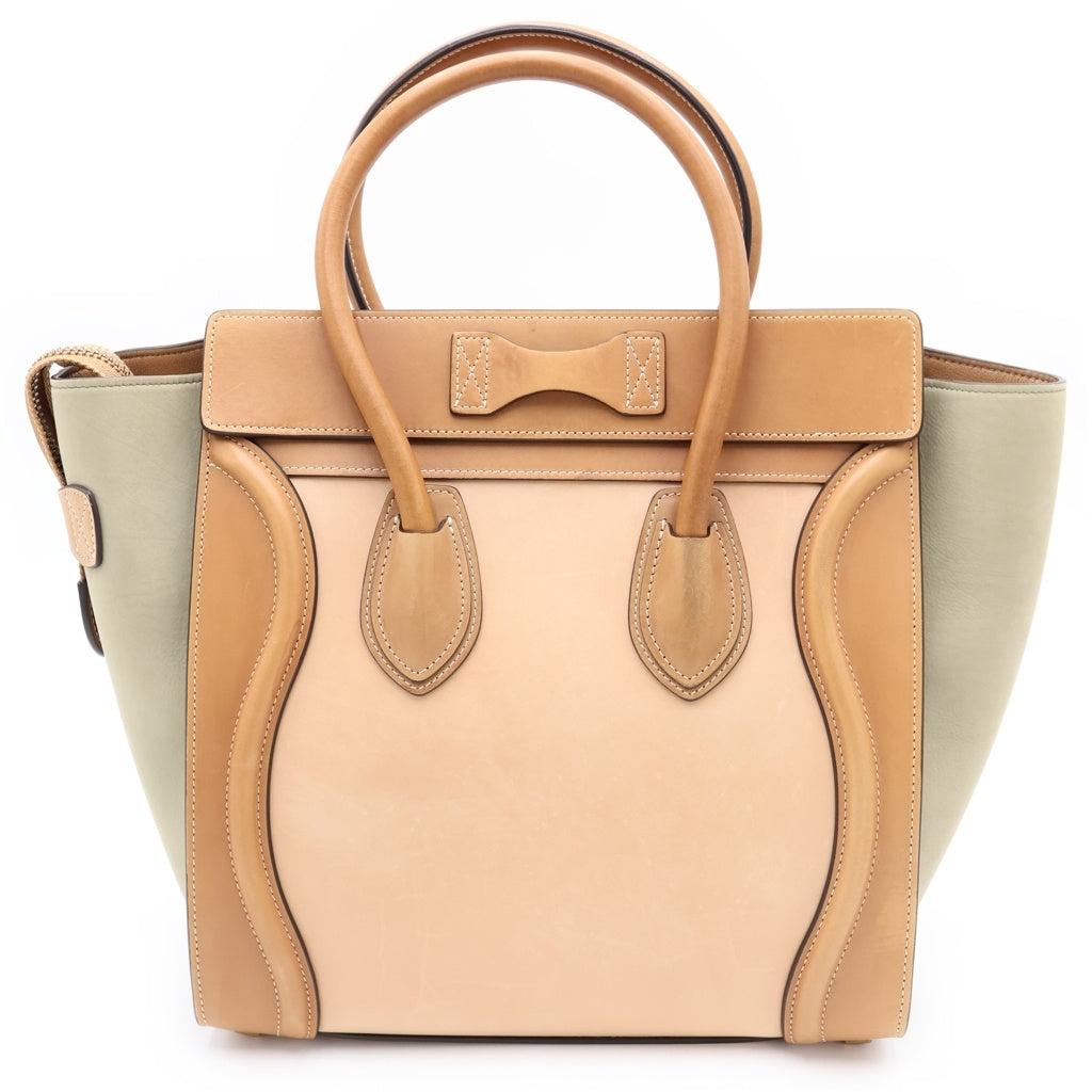 CELINE(セリーヌ) ラゲージ マイクロショッパー レザー スエード ハンドバッグ ベージュ/グリーン レディース