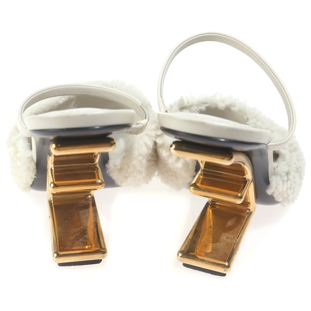 FENDI(フェンディ) ボア レザー ストラップ ヒール サンダル シューズ #37 ホワイト レディース