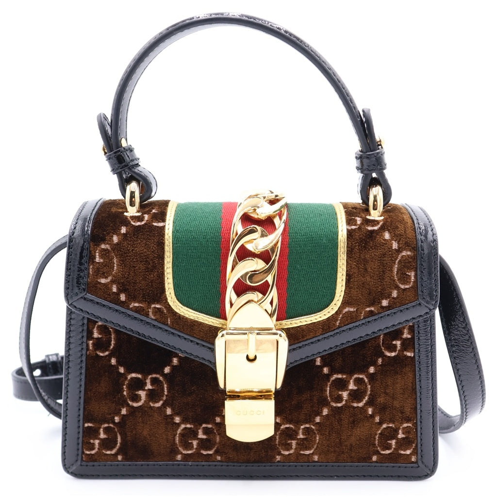 GUCCI(グッチ) シルヴィ シェリーライン ベルベット ベロア レザー ゴールド金具 2WAY ハンドバッグ ショルダーバッグ ブラウン 493075 レディース