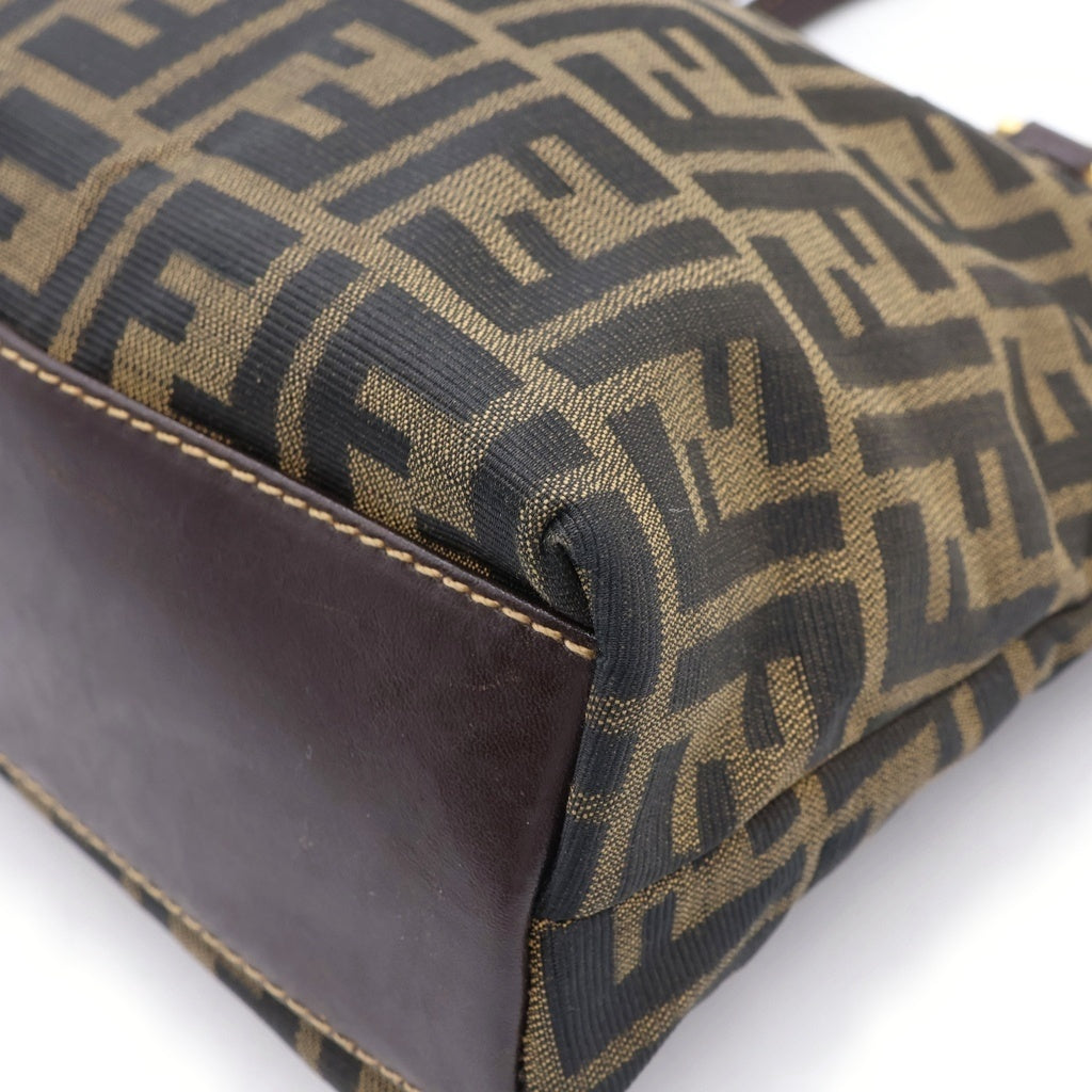 FENDI(フェンディ) ズッカ ハンドバッグ ブラウン レザー×キャンバス ゴールド金具 レディース