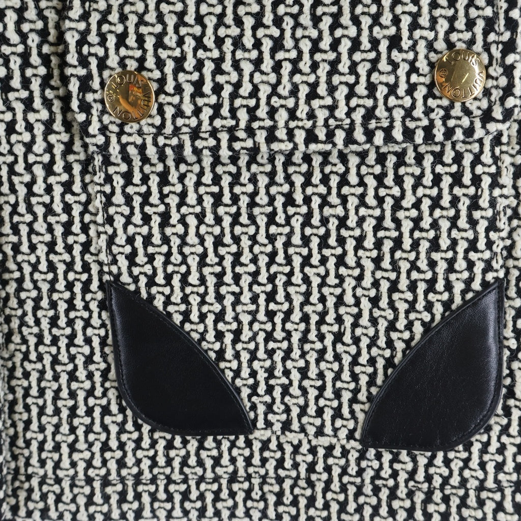 LOUIS VUITTON(ルイヴィトン) 23AW ウール レザー切替 裏地モノグラム ツイードスカート ブラック ホワイト RW232W AIH FPSK33 レディース