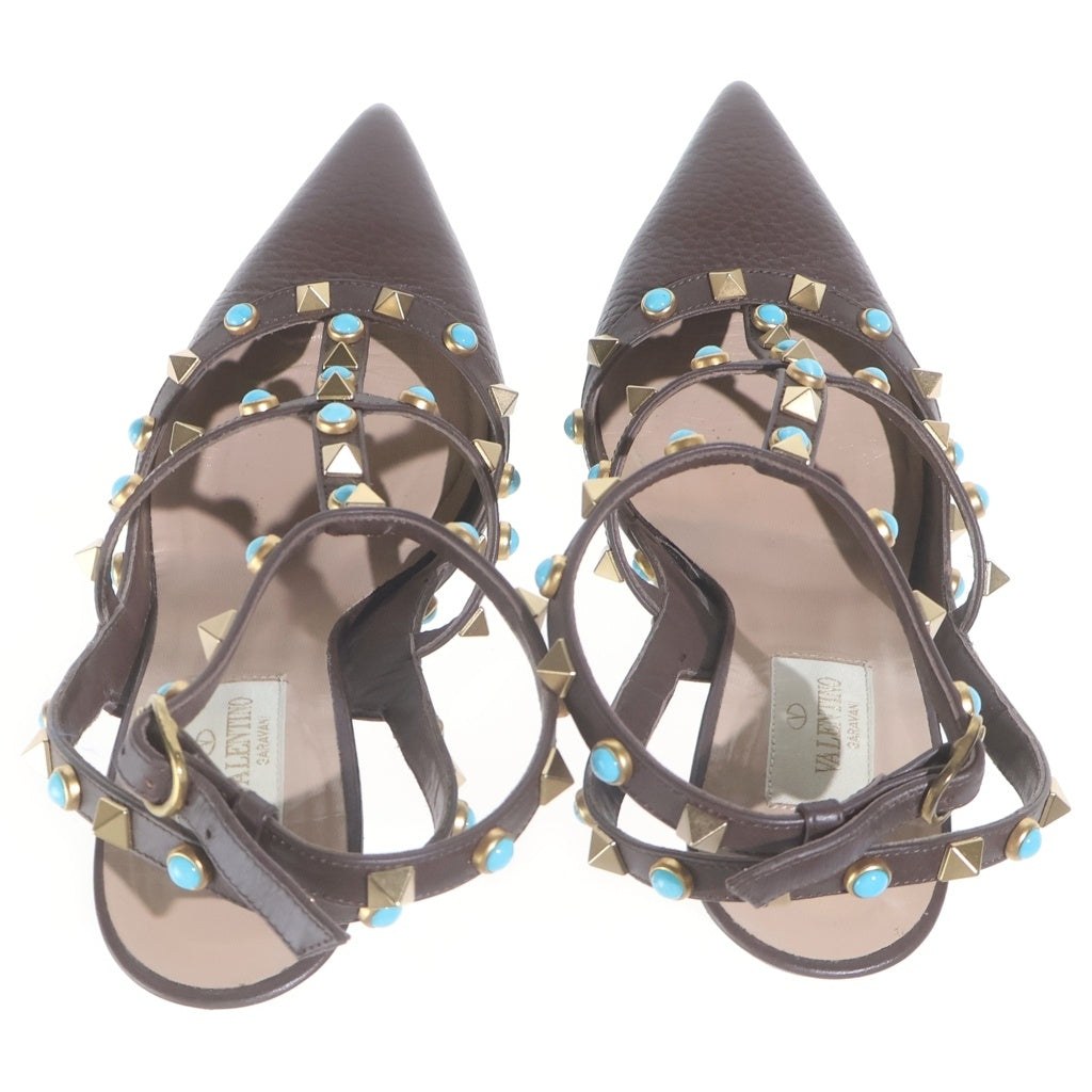 VALENTINO(ヴァレンティノ) ロックスタッズ ターコイズ レザー ストラップ ヒール パンプス シューズ ブラウン レディース