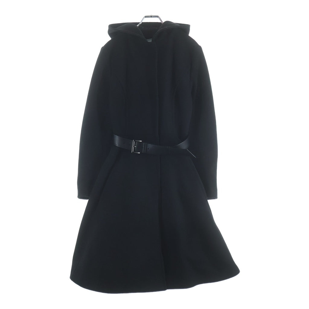 PRADA(プラダ) レザーベルト付き メルトンウール スナップボタン フーデッド ロングコート ブラック レディース 290569