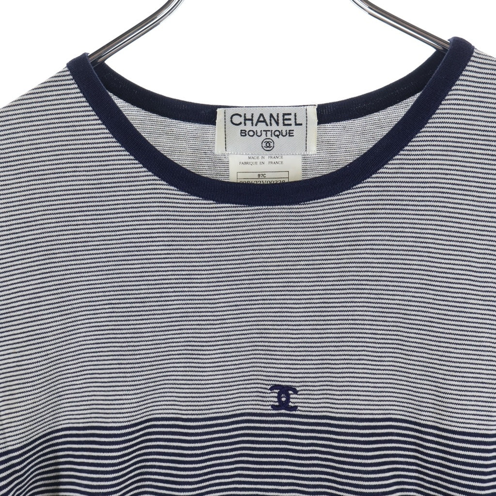 CHANEL(シャネル) 97C ココマーク刺繍 ボーダー総柄 クルーネック 半袖 Tシャツ カットソー ネイビー レディース P08622V00338