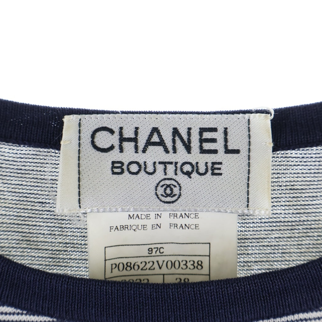 CHANEL(シャネル) 97C ココマーク刺繍 ボーダー総柄 クルーネック 半袖 Tシャツ カットソー ネイビー レディース P08622V00338