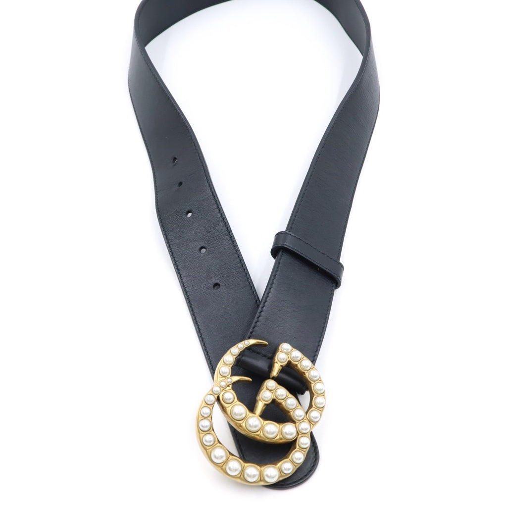 GUCCI(グッチ) ダブルG ロゴバックル パール レザーベルト ゴールド金具 ブラック 453260 レディース