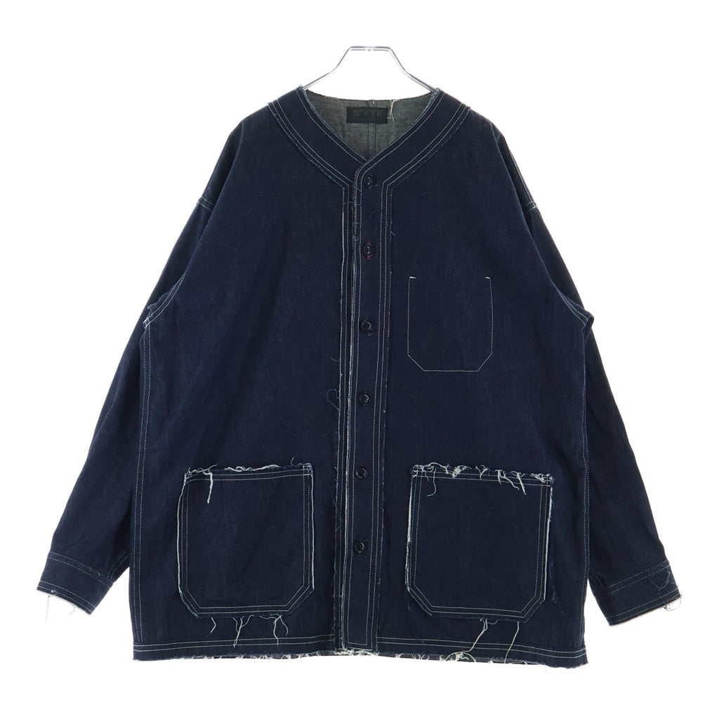 s'yte(サイト) 18SS カットオフ ノーカラー デニム カバーオール ジャケット ダメージ ネイビー UW-B42-087