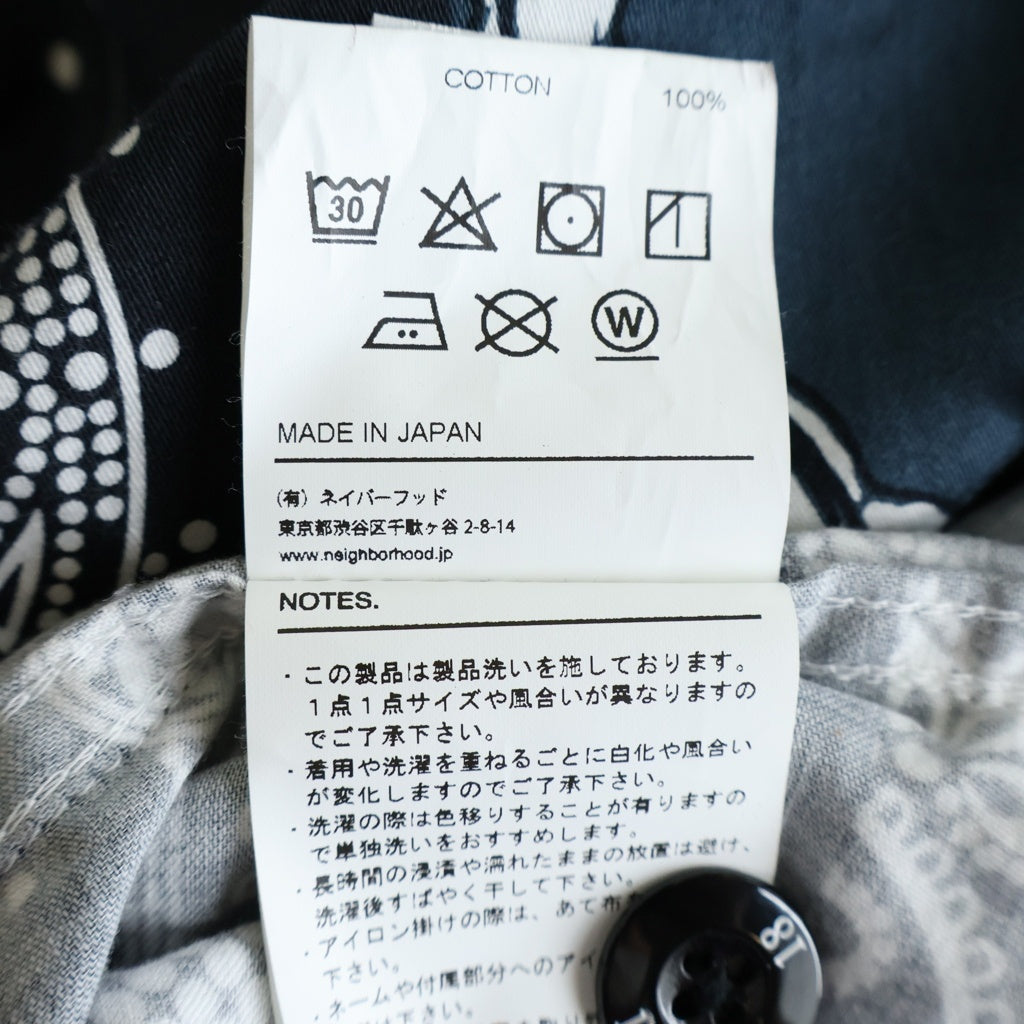 NEIGHBORHOOD(ネイバーフッド) 21SS BANDANA NC バンダナ柄ノーカラー長袖シャツ ペイズリー柄 ネイビー コットン 211AQNH-SHM07