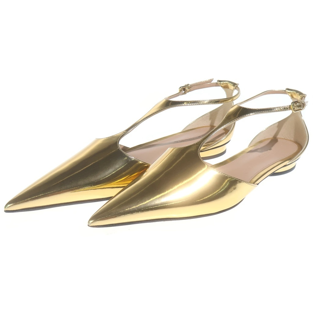 BOTTEGA VENETA(ボッテガヴェネタ) ロケット ポインテッドトゥ メタリックレザー ストラップ フラット パンプス シューズ ゴールド レディース