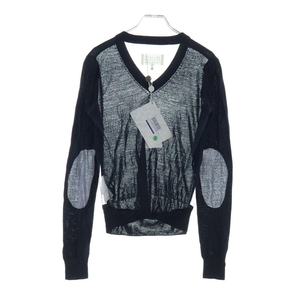 Maison Margiela(メゾンマルジェラ) 15AW シアー切り替え エルボーパッチ Vネック ウール プルオーバー 長袖ニット セーター ブラック レディース S51HA0599 S15315