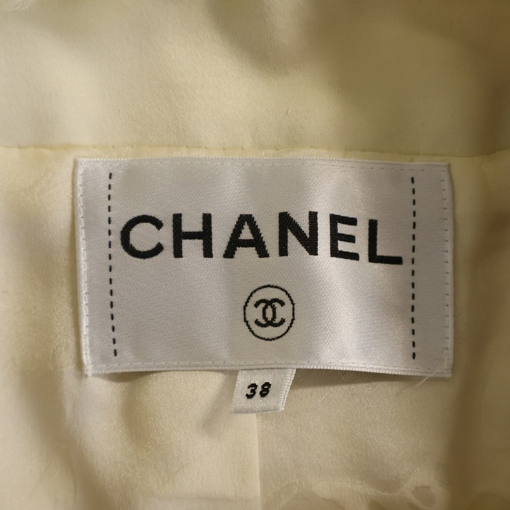 CHANEL(シャネル) ツイードノーカラーロングジャケット アイボリー ホワイト トリコロール