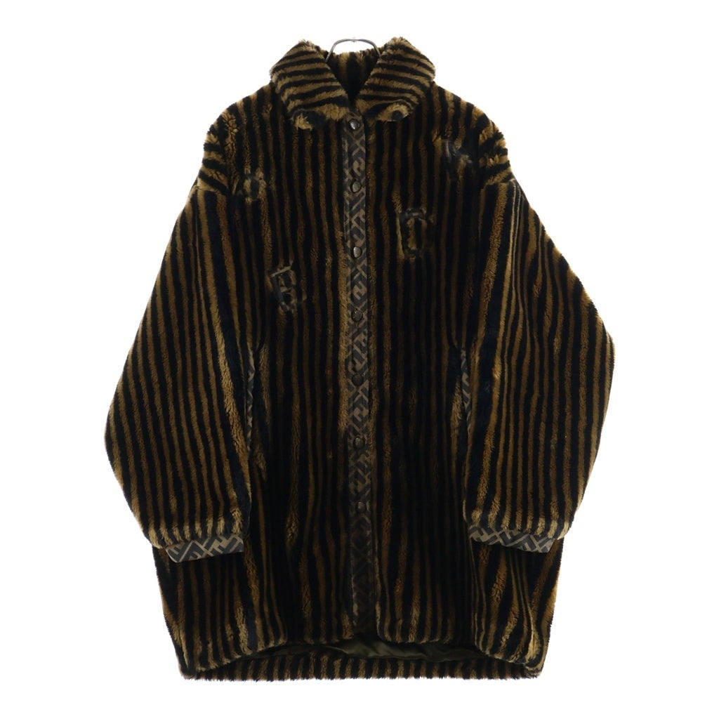 FENDI(フェンディ) ズッカ柄 ぺカンストライプ アセテート×レーヨン ファー ロング ブルゾン アウター #44 ブラウン レディース