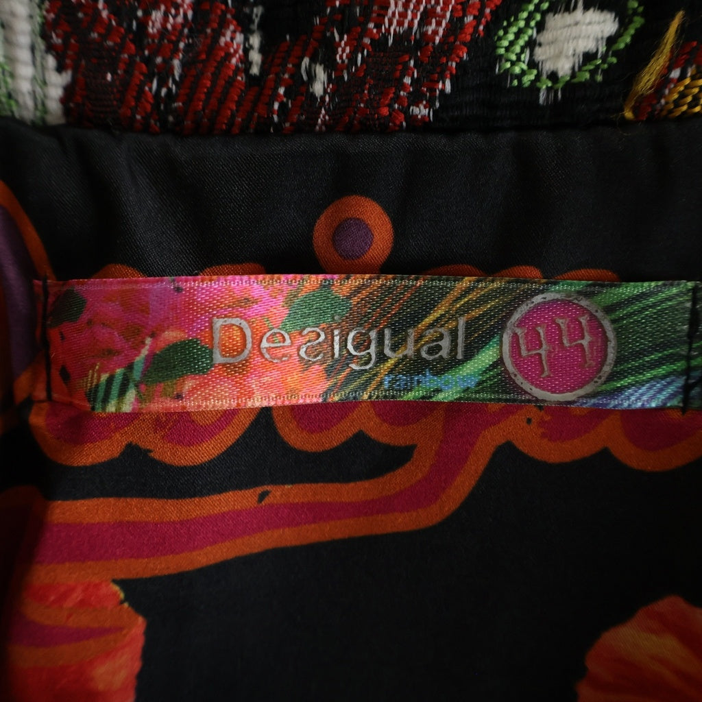 Desigual(デシグアル) 小ブラン織 フラワー デザインロングコート ブラック×マルチカラー レディース