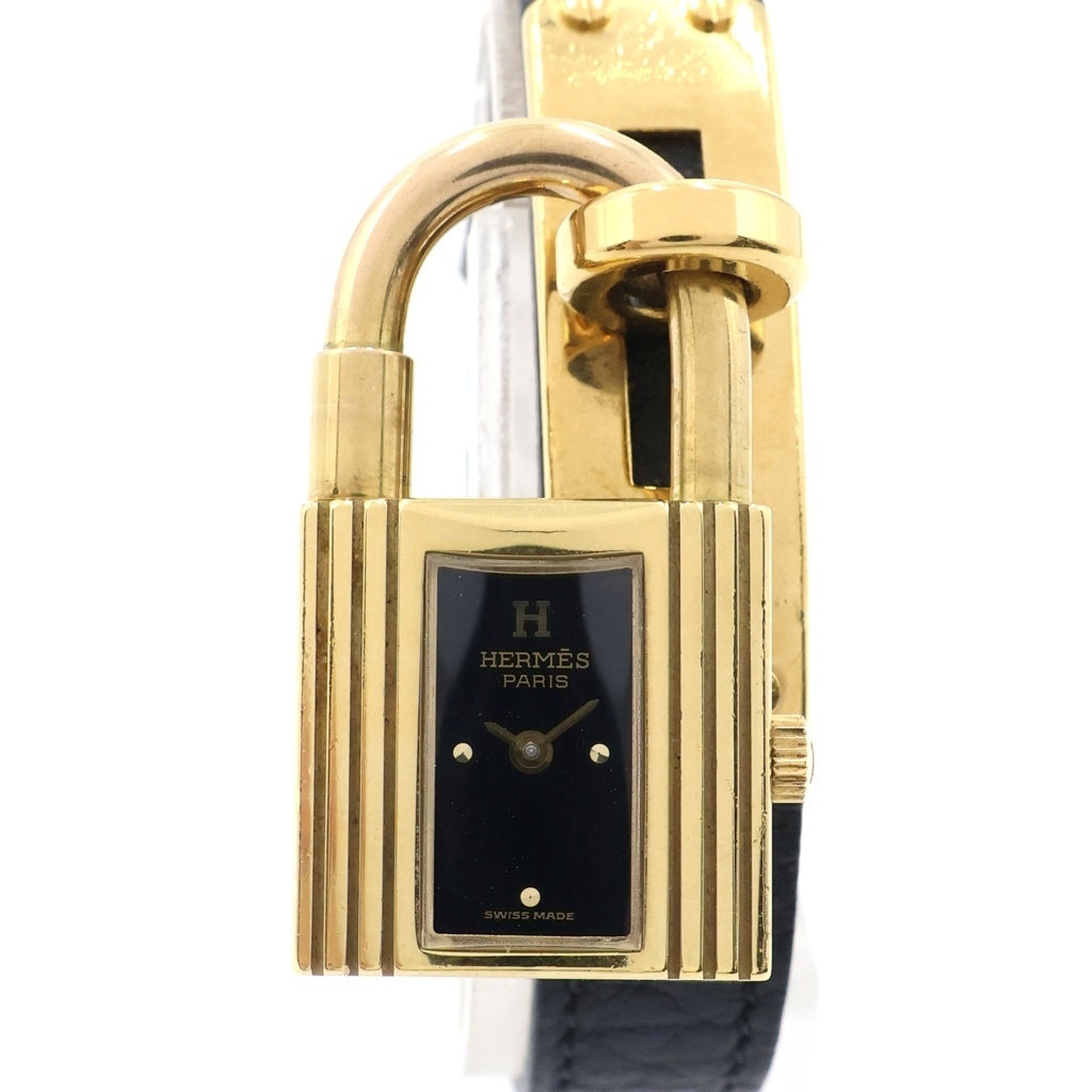 HERMES(エルメス) ケリーウォッチ 黒文字盤 GP×革/QZ 〇T刻印 クォーツ 電池式 腕時計 ブラック/ゴールド レディース