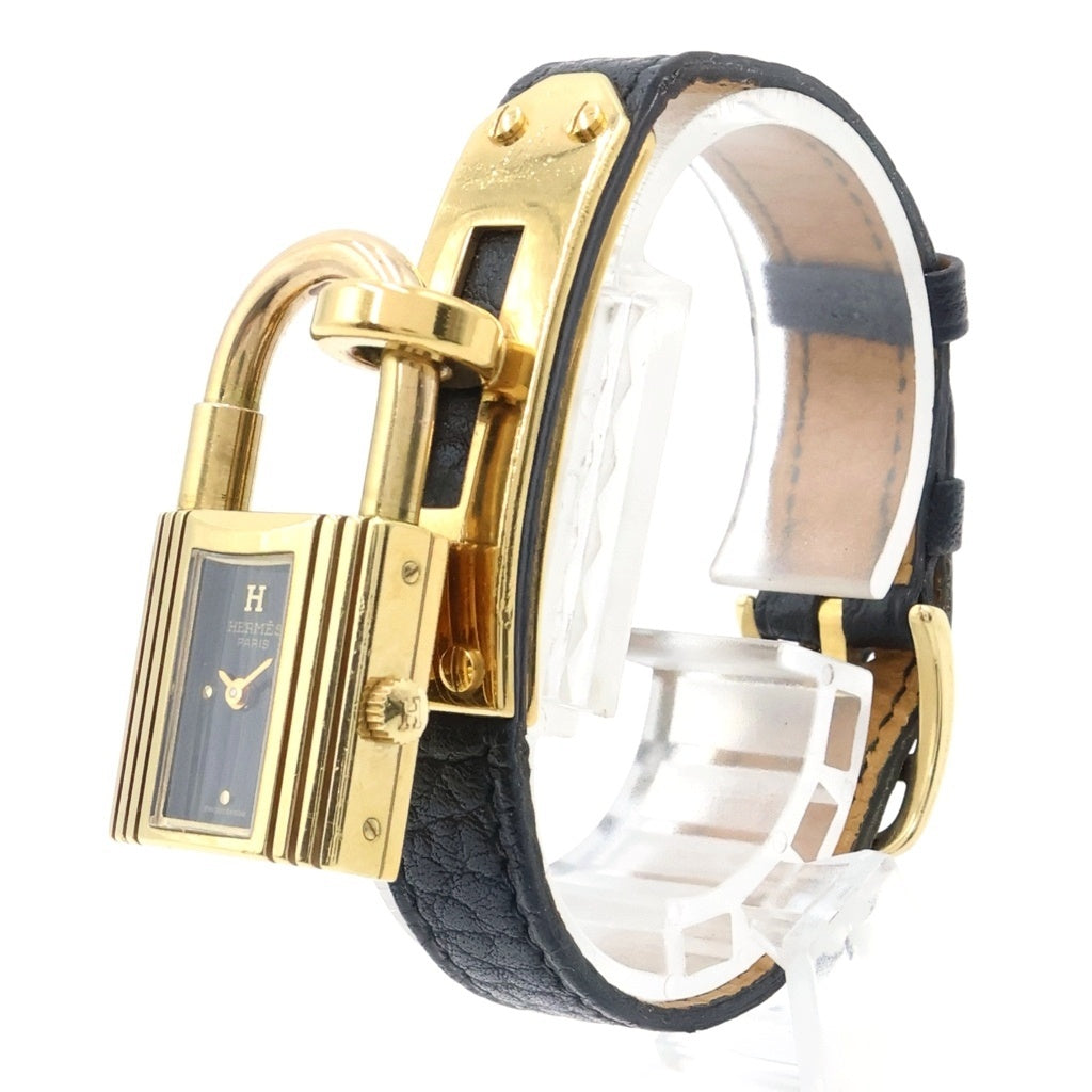 HERMES(エルメス) ケリーウォッチ 黒文字盤 GP×革/QZ 〇T刻印 クォーツ 電池式 腕時計 ブラック/ゴールド レディース