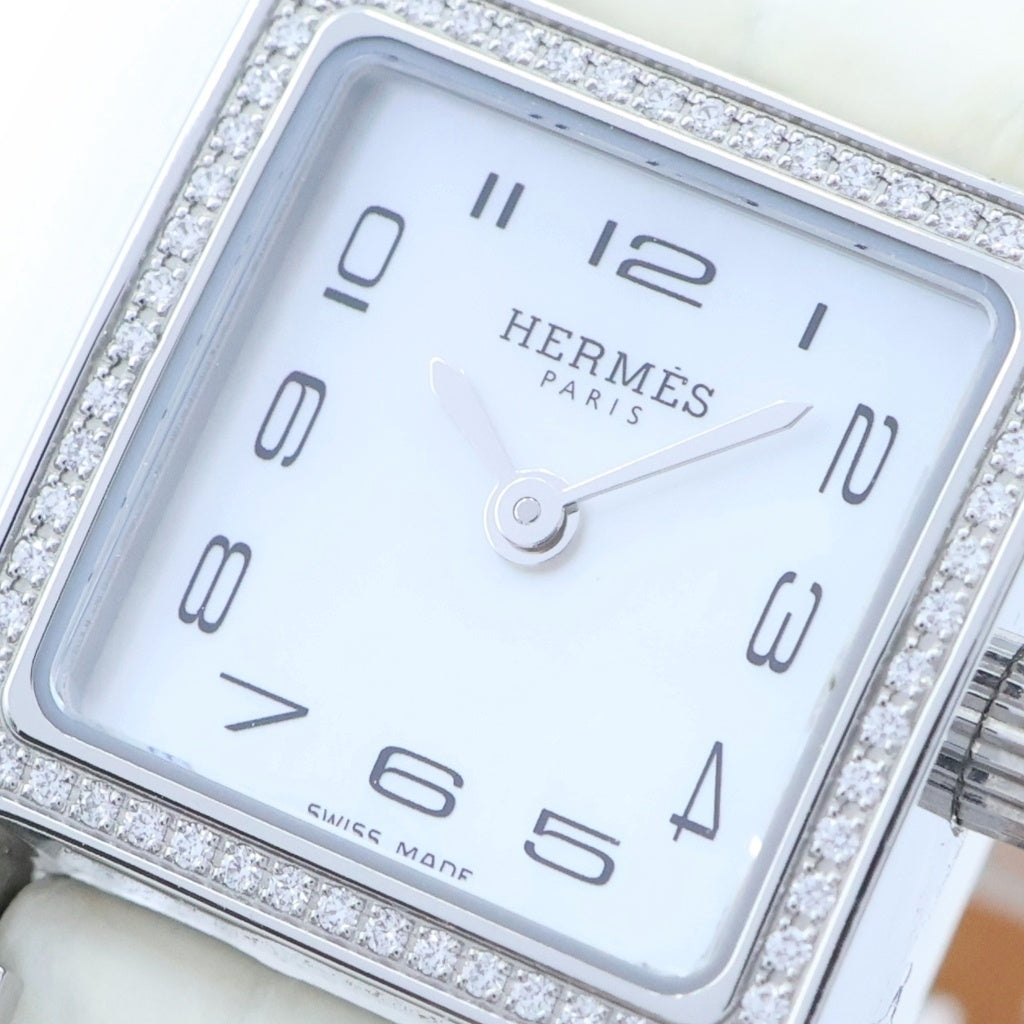 HERMES(エルメス) Hウォッチ ミニ シェル文字盤 ベゼルダイヤ ステンレス クォーツ SS×革/QZ U刻印 HH1.131 腕時計 レディース
