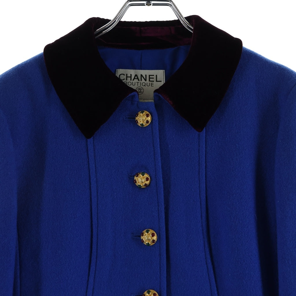 CHANEL(シャネル) 96A グリポアボタン ベロア切り替え ウール ステンカラーコート ブルー P08319W02320 レディース