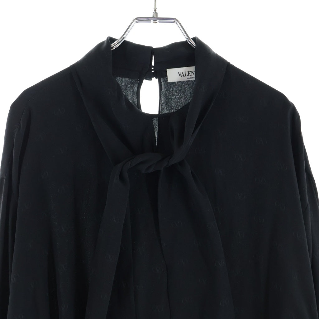 VALENTINO(ヴァレンティノ) Vロゴ 総柄 ボウタイ シルク シースルーブラウス 長袖 シャツ 44 ブラック レディース
