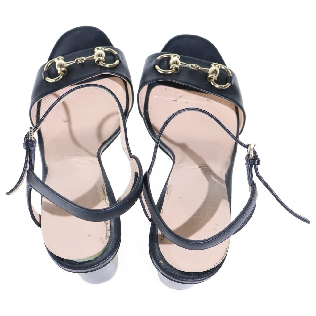 GUCCI(グッチ) ホースビット レザー アンクルストラップ ヒールサンダル オープントゥサンダル シューズ #36 1/2 ブラック レディース