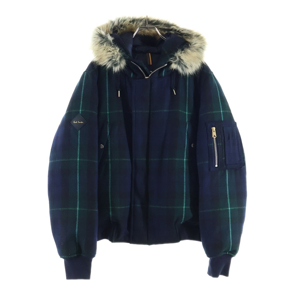 Paul Smith(ポールスミス) ファーフード タータンチェック柄 アウタージャケット ブルー×グリーン #L 283108