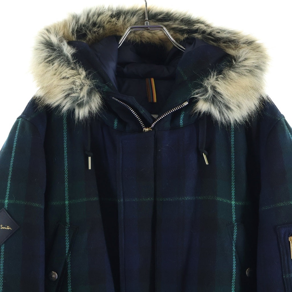 Paul Smith(ポールスミス) ファーフード タータンチェック柄 アウタージャケット ブルー×グリーン #L 283108