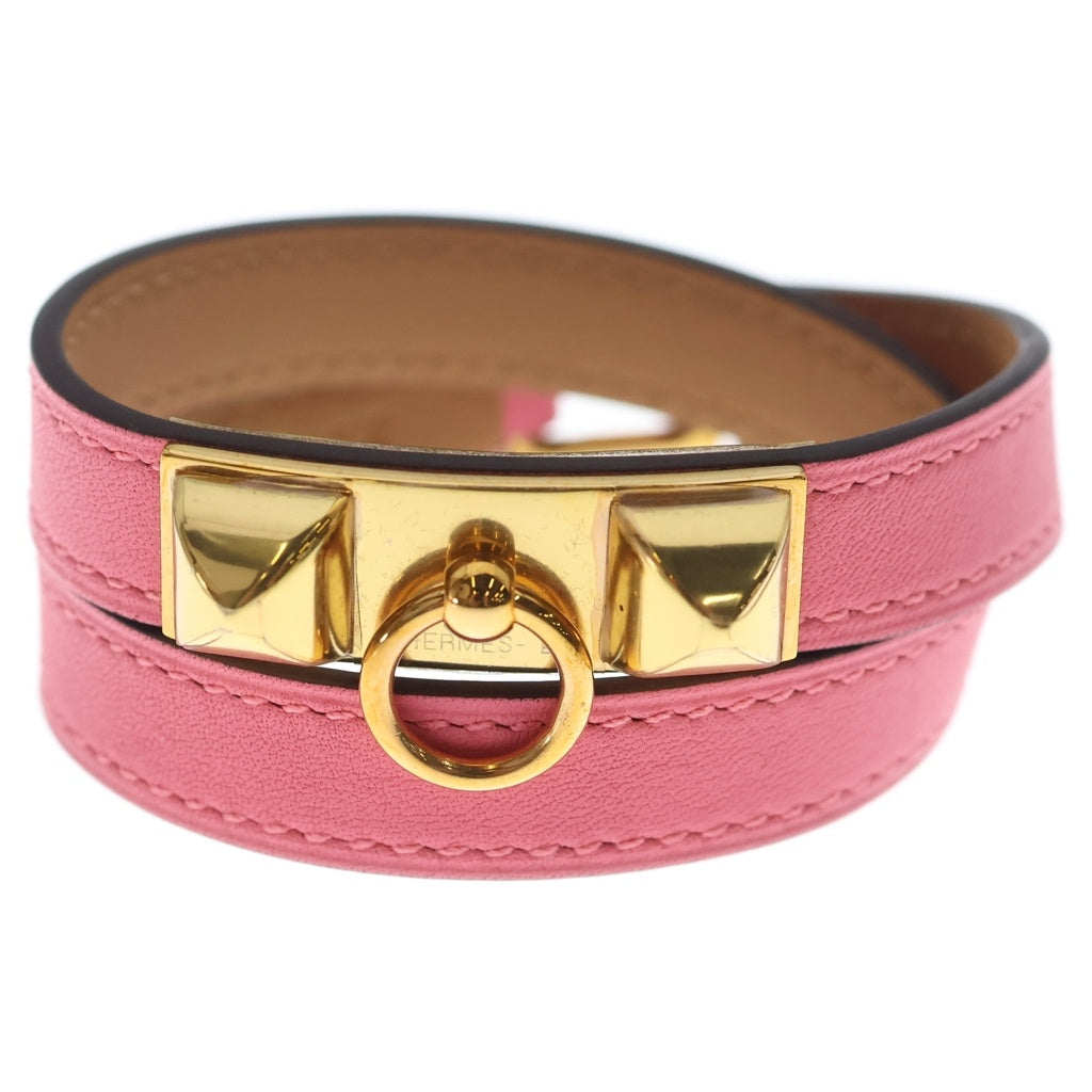 HERMES(エルメス) リヴァル ドゥブルトゥール スタッズ ブレスレット ピンク×ブラウン レザー スイフト ゴールド金具 A刻印 レディース