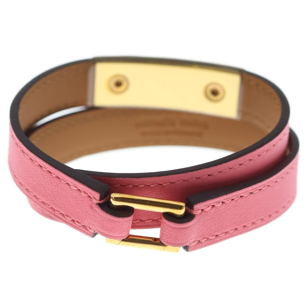 HERMES(エルメス) リヴァル ドゥブルトゥール スタッズ ブレスレット ピンク×ブラウン レザー スイフト ゴールド金具 A刻印 レディース