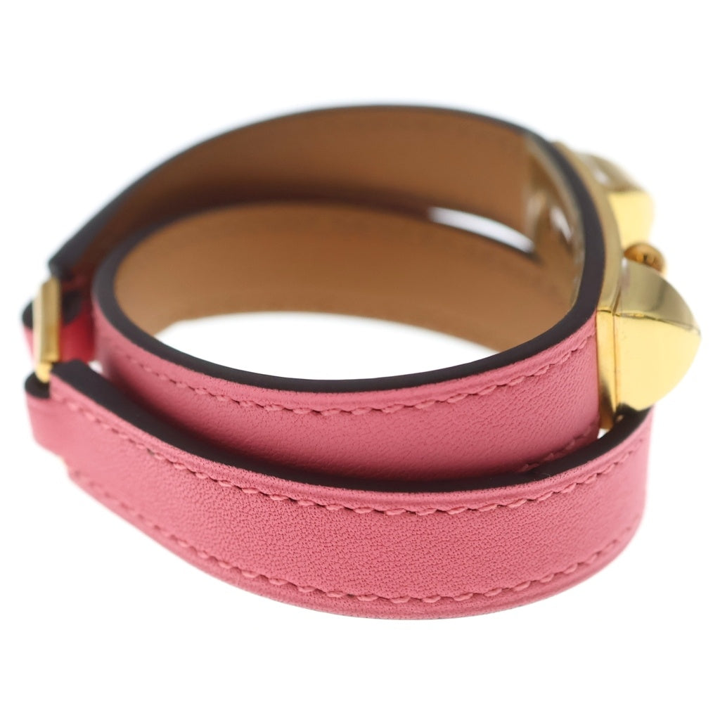 HERMES(エルメス) リヴァル ドゥブルトゥール スタッズ ブレスレット ピンク×ブラウン レザー スイフト ゴールド金具 A刻印 レディース