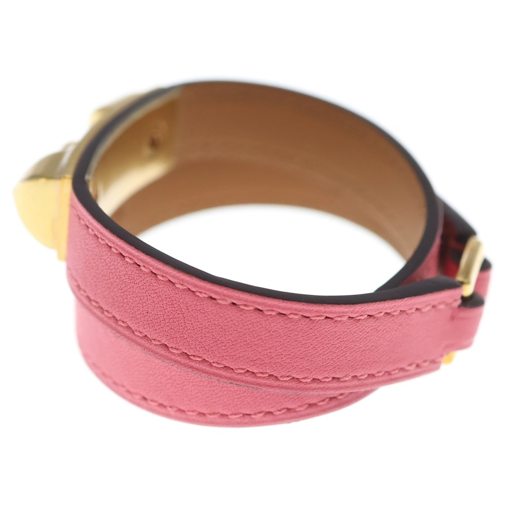 HERMES(エルメス) リヴァル ドゥブルトゥール スタッズ ブレスレット ピンク×ブラウン レザー スイフト ゴールド金具 A刻印 レディース