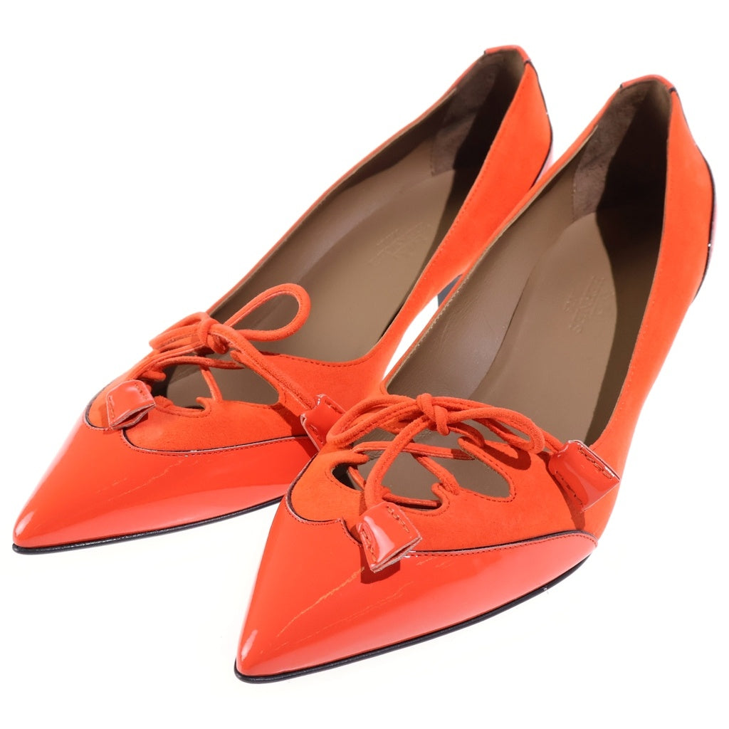 HERMES(エルメス) ポインテッドトゥ レースアップ ヒールパンプス オレンジ パテント×スエード #36 1/2 レディース