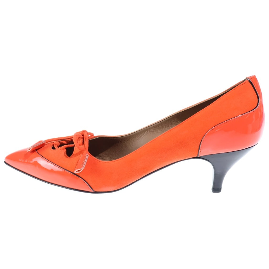 HERMES(エルメス) ポインテッドトゥ レースアップ ヒールパンプス オレンジ パテント×スエード #36 1/2 レディース