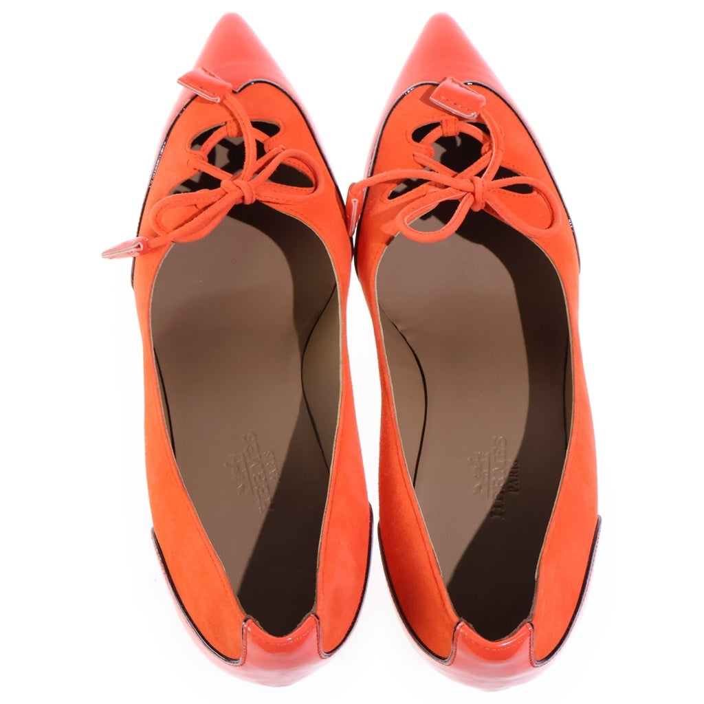 HERMES(エルメス) ポインテッドトゥ レースアップ ヒールパンプス オレンジ パテント×スエード #36 1/2 レディース