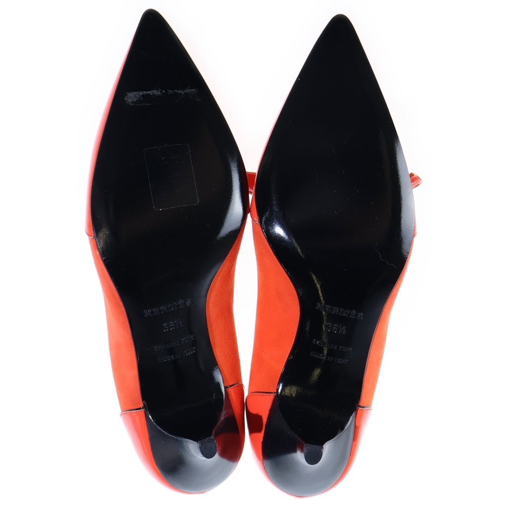HERMES(エルメス) ポインテッドトゥ レースアップ ヒールパンプス オレンジ パテント×スエード #36 1/2 レディース
