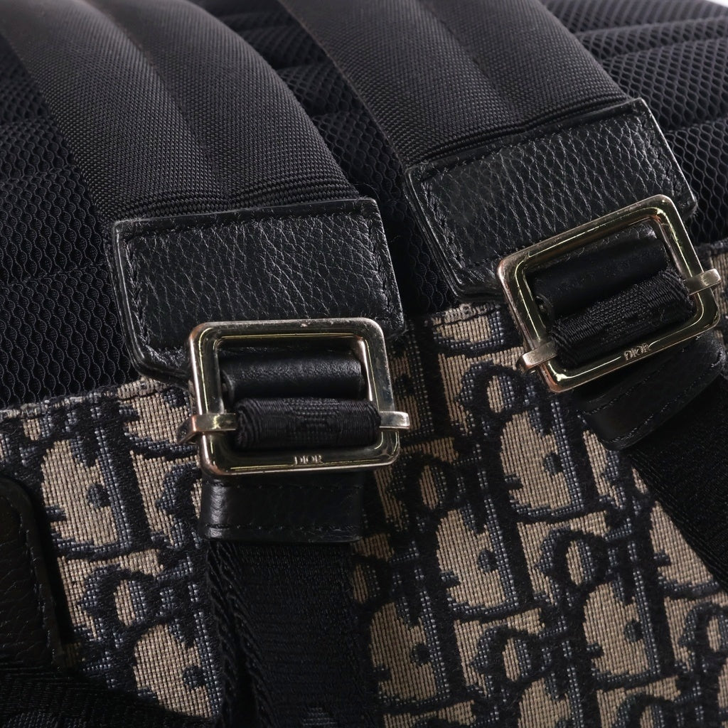DIOR(ディオール) オブリーク バックパック リュックサック ネイビー×ベージュ レザー×キャンバス シルバー金具 レディース