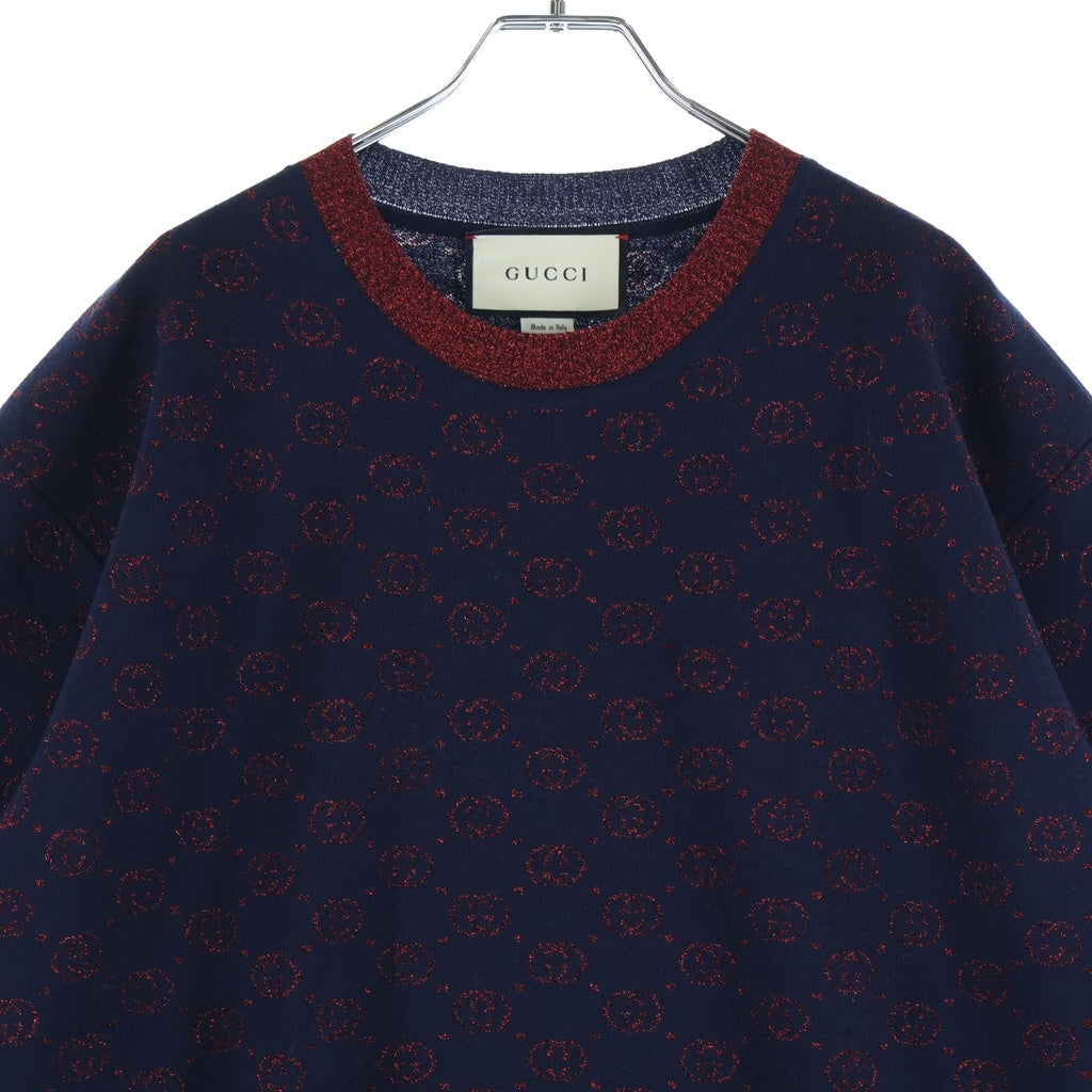 GUCCI(グッチ) GGラメ 半袖ニット セーター ジャカード GGロゴ 総柄 ネイビー/レッド 605920 XKAHT レディース