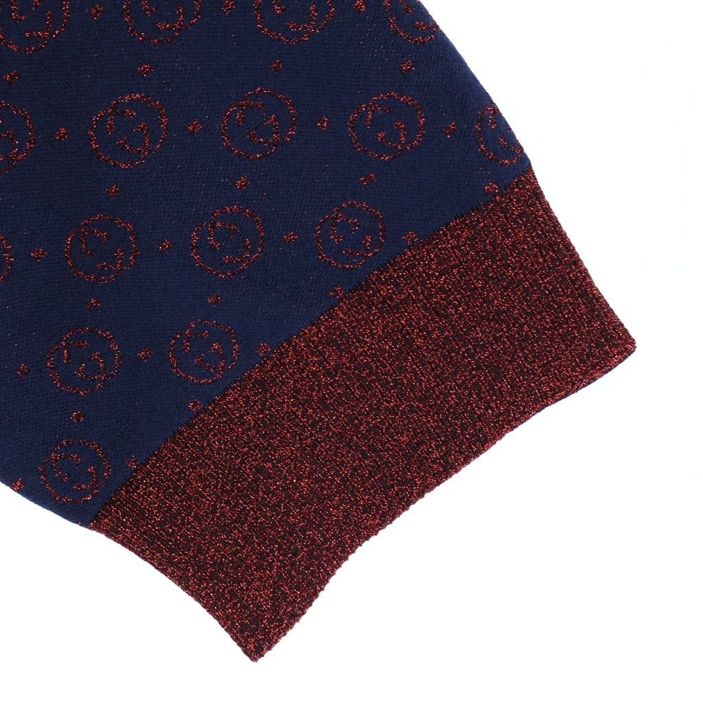 GUCCI(グッチ) GGラメ 半袖ニット セーター ジャカード GGロゴ 総柄 ネイビー/レッド 605920 XKAHT レディース