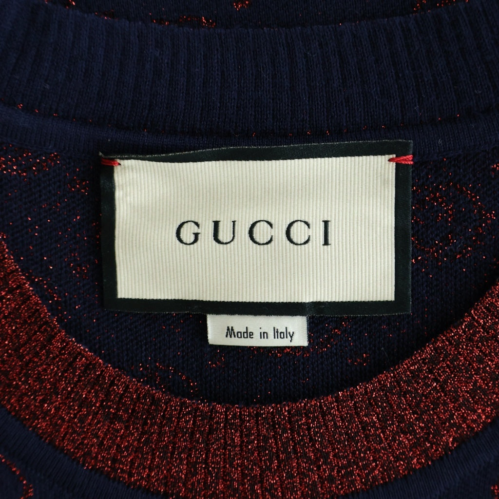 GUCCI(グッチ) GGラメ 半袖ニット セーター ジャカード GGロゴ 総柄 ネイビー/レッド 605920 XKAHT レディース