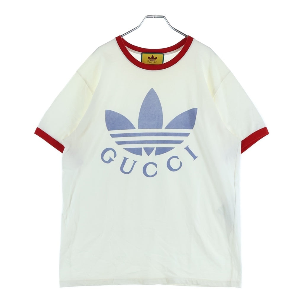 GUCCI(グッチ) ×adidas 22SS Cotton Jersey T-shirt トレフォイルロゴ 半袖リンガーTシャツ カットソー コットン ホワイト 702612 XJEB1 レディース