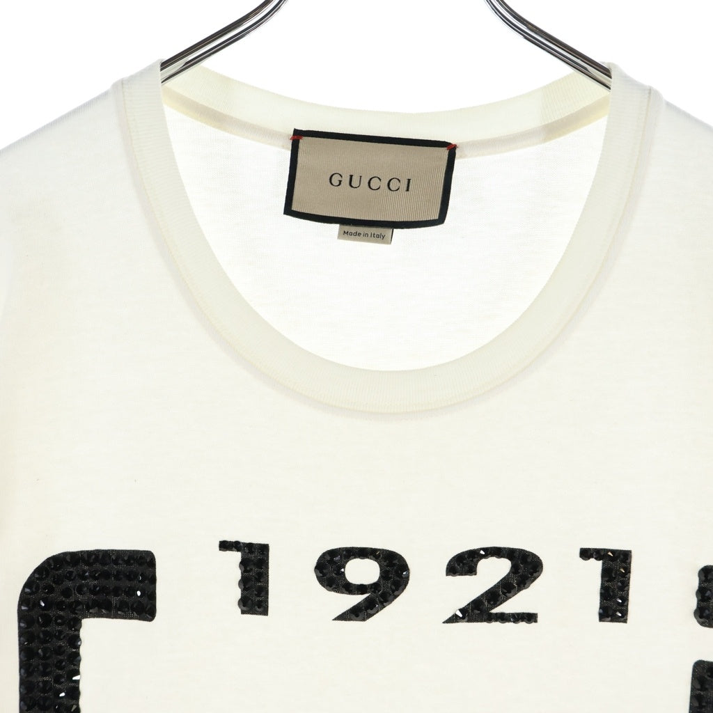 GUCCI(グッチ) クリスタル ロゴプリント ビジュー装飾 1921 半袖Tシャツ カットソー ホワイト/ブラック 615044 レディース